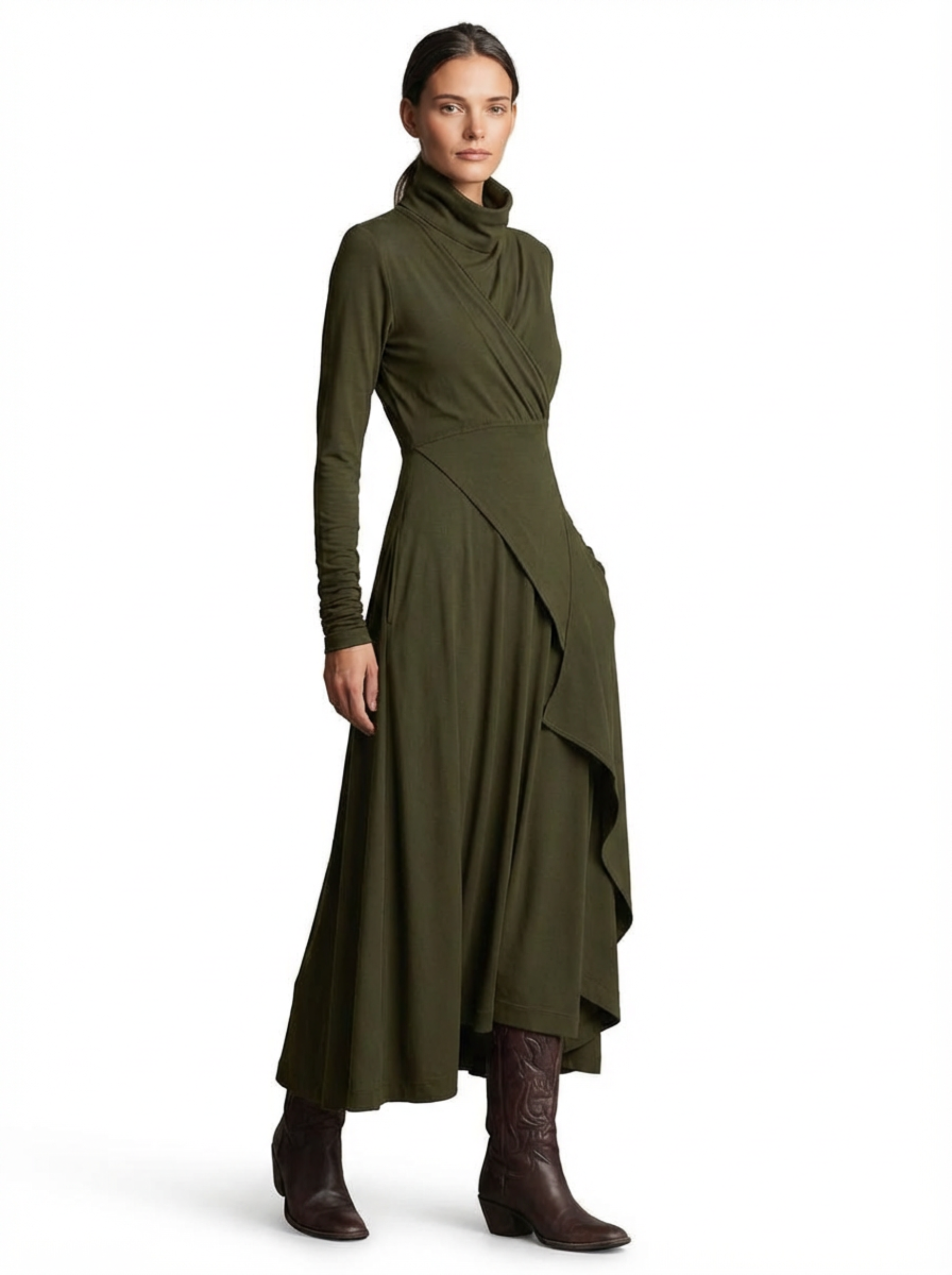 Dress Maxi Women Long Sleeve Turtleneck Asymmetric Design