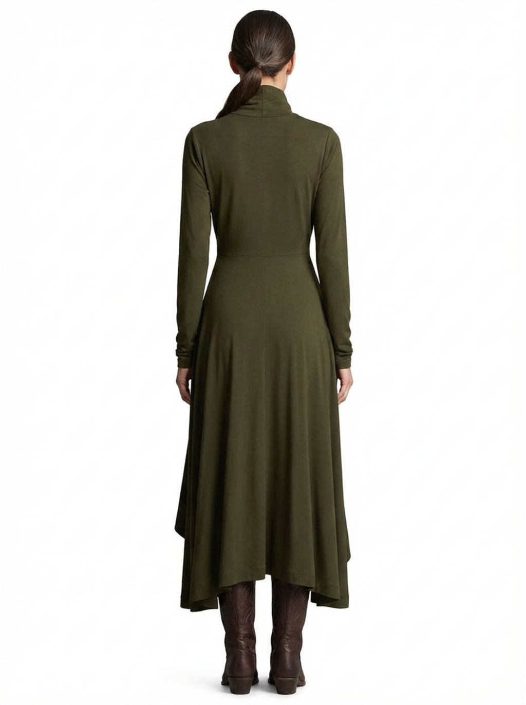 Dress Maxi Women Long Sleeve Turtleneck Asymmetric Design