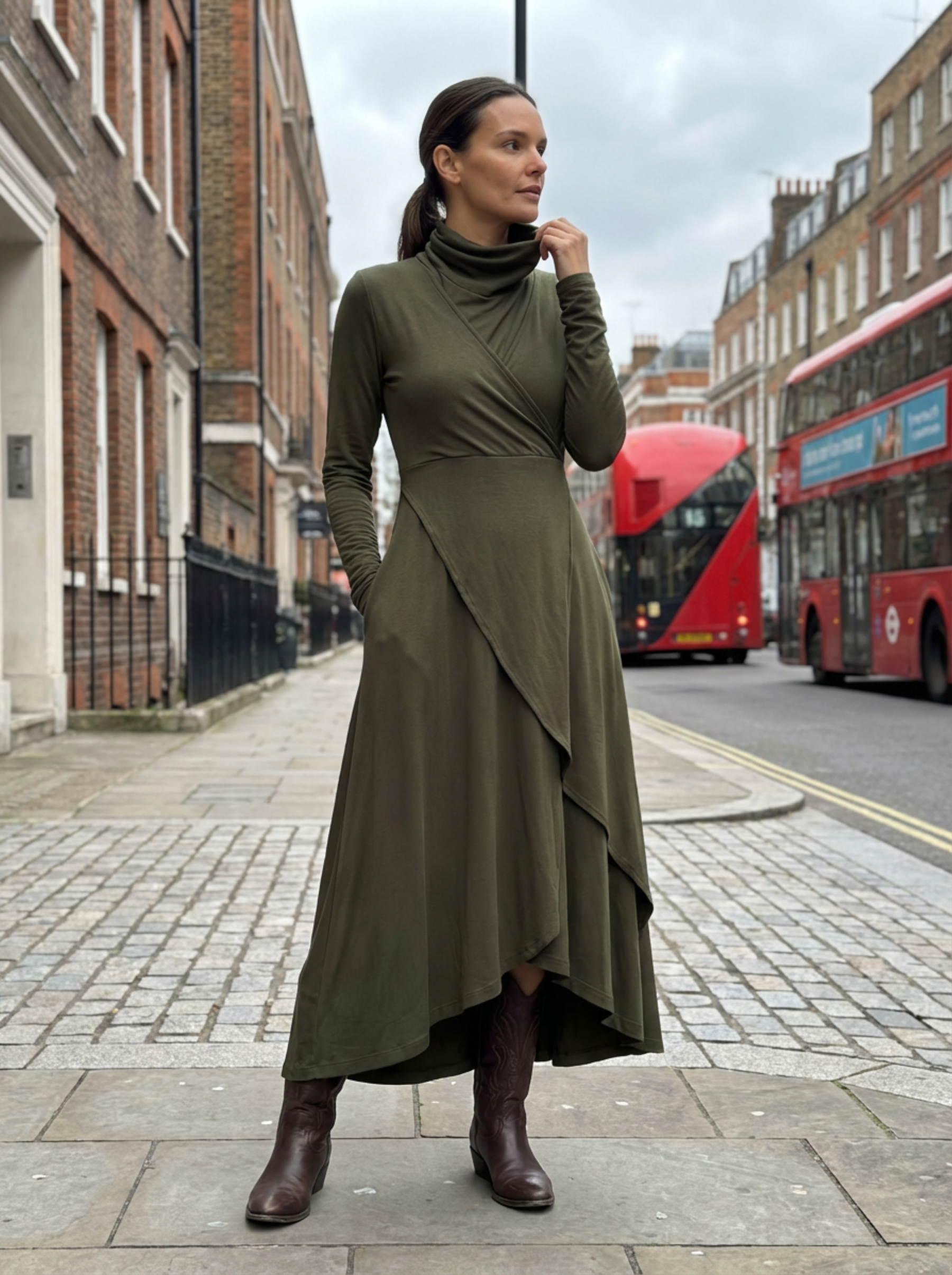 Dress Maxi Women Long Sleeve Turtleneck Asymmetric Design