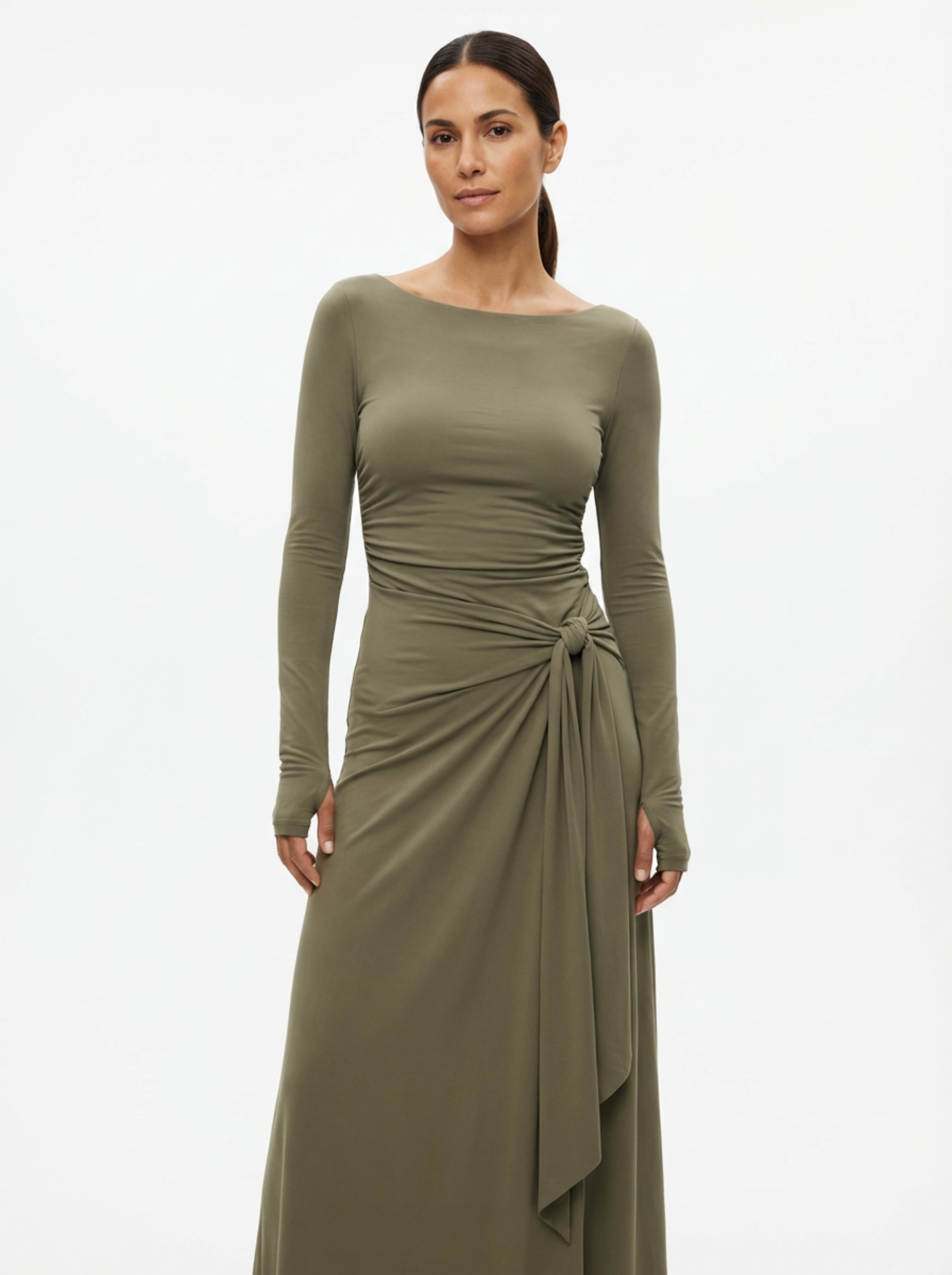 Maxi Dress Women Wrap Front Knot Detail V‑Neck Longsleeve