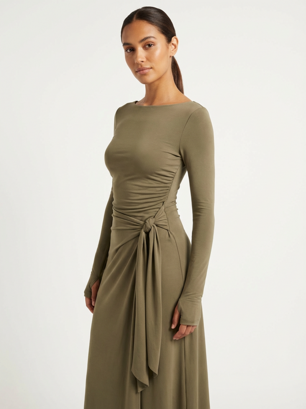 Maxi Dress Women Wrap Front Knot Detail V‑Neck Longsleeve