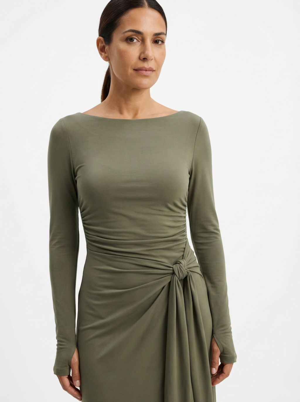 Maxi Dress Women Wrap Front Knot Detail V‑Neck Longsleeve