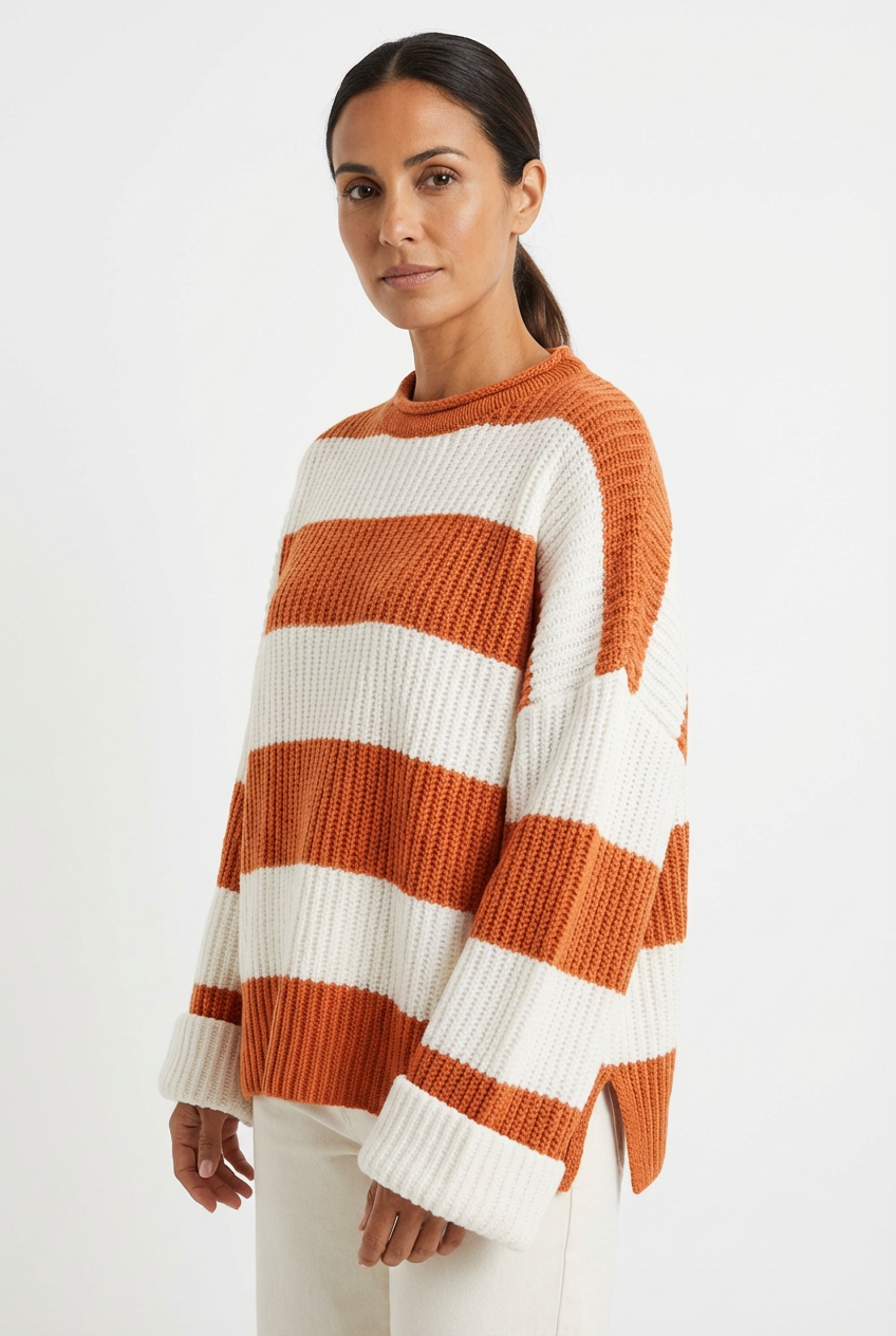 Sweater Women Striped Crew Neck Oversized Fit