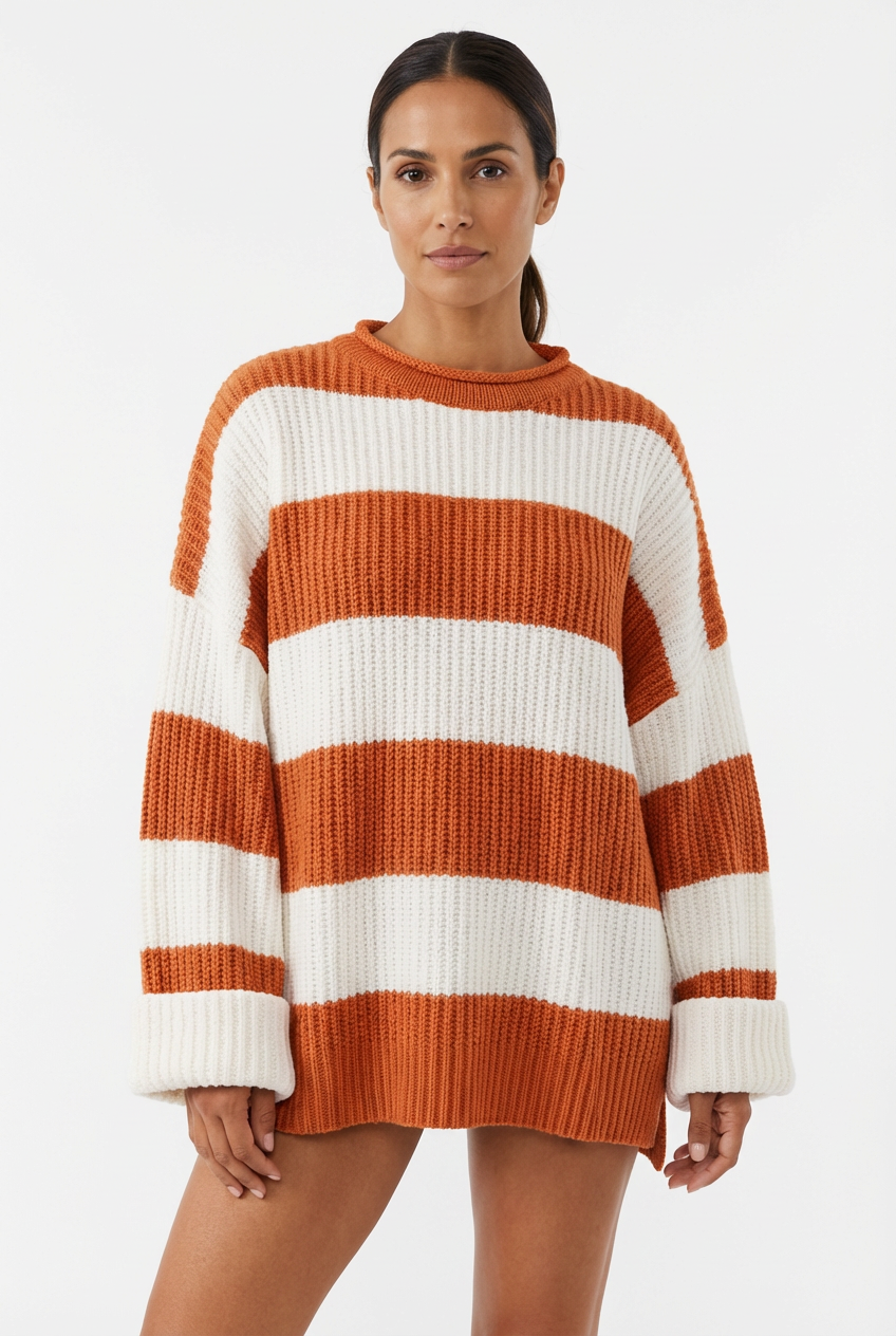 Sweater Women Striped Crew Neck Oversized Fit