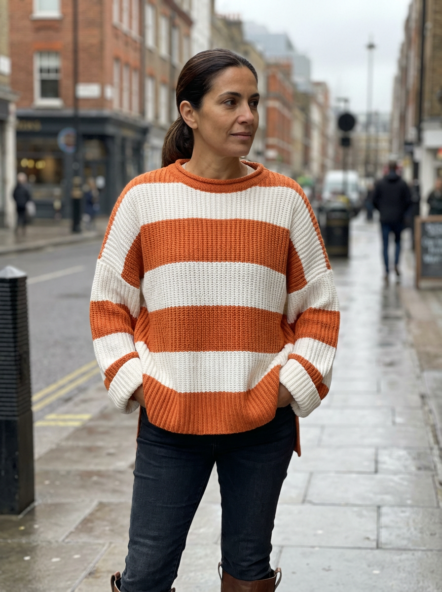 Sweater Women Striped Crew Neck Oversized Fit
