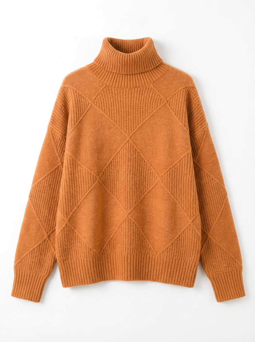 Sweater Women Ribbed Diamond Knit Relaxed Fit Turtleneck