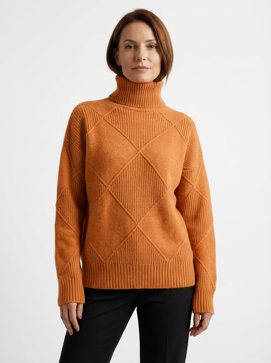 Sweater Women Ribbed Diamond Knit Relaxed Fit Turtleneck