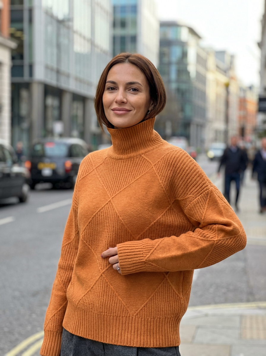 Sweater Women Ribbed Diamond Knit Relaxed Fit Turtleneck