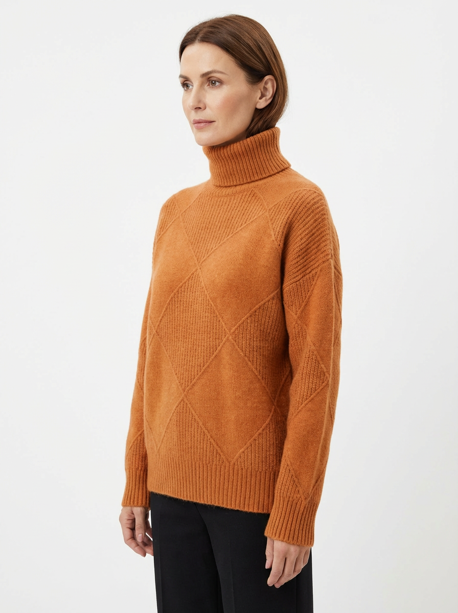Sweater Women Ribbed Diamond Knit Relaxed Fit Turtleneck