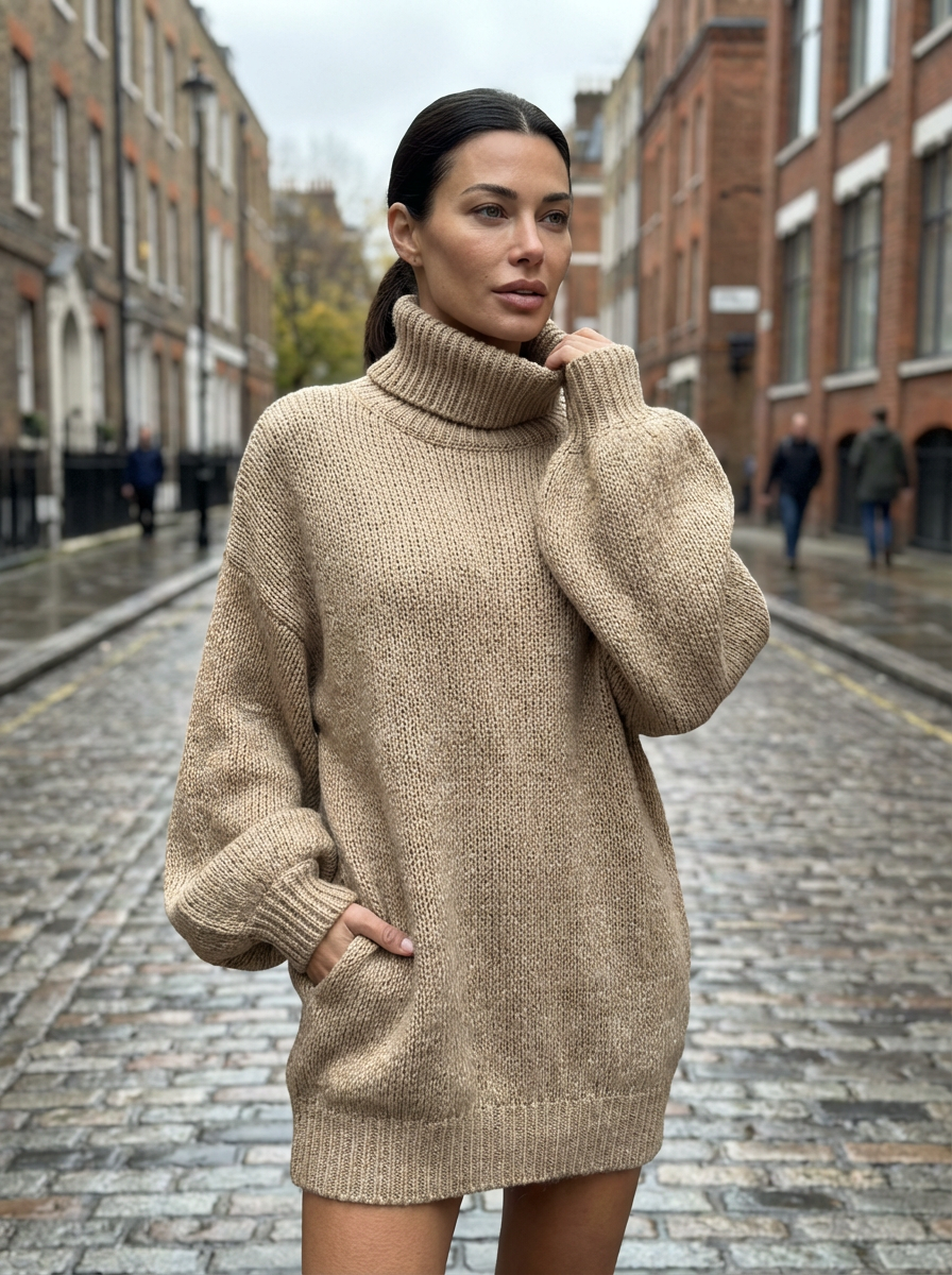 Mini Dress Women Loose Fit Long Sleeve Crew Neck Vintage Style