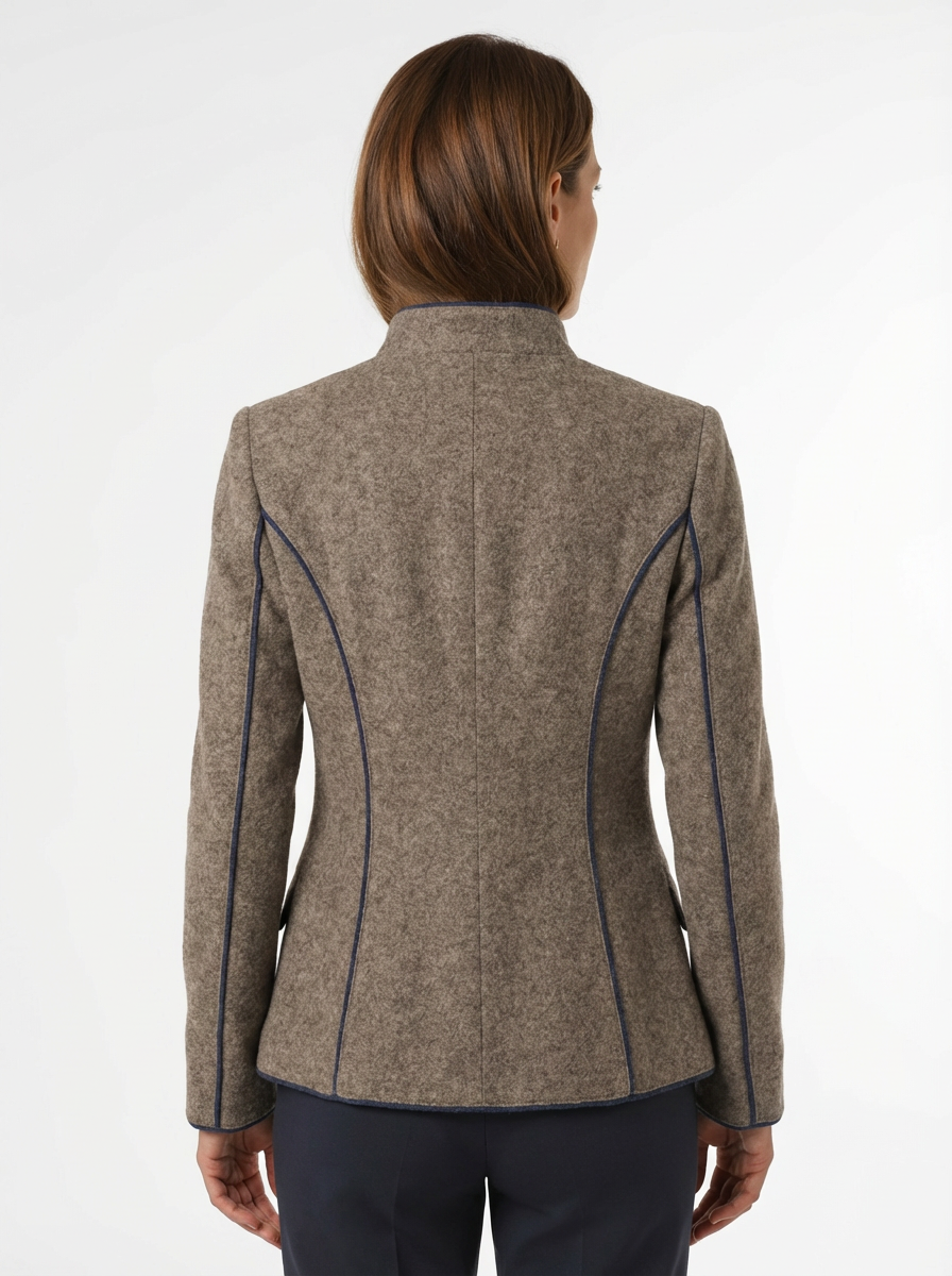 Blazer Women Tailored Waist Stand Collar Piped Detail