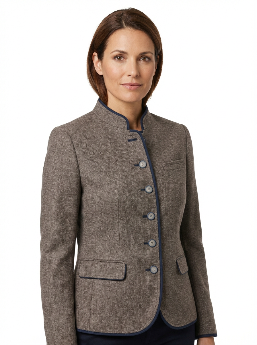 Blazer Women Tailored Waist Stand Collar Piped Detail