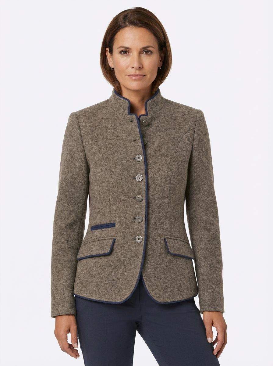 Blazer Women Tailored Waist Stand Collar Piped Detail