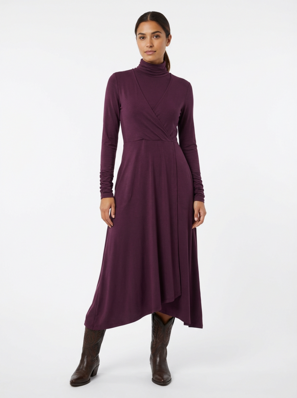 Dress Maxi Women Long Sleeve Turtleneck Asymmetric Design
