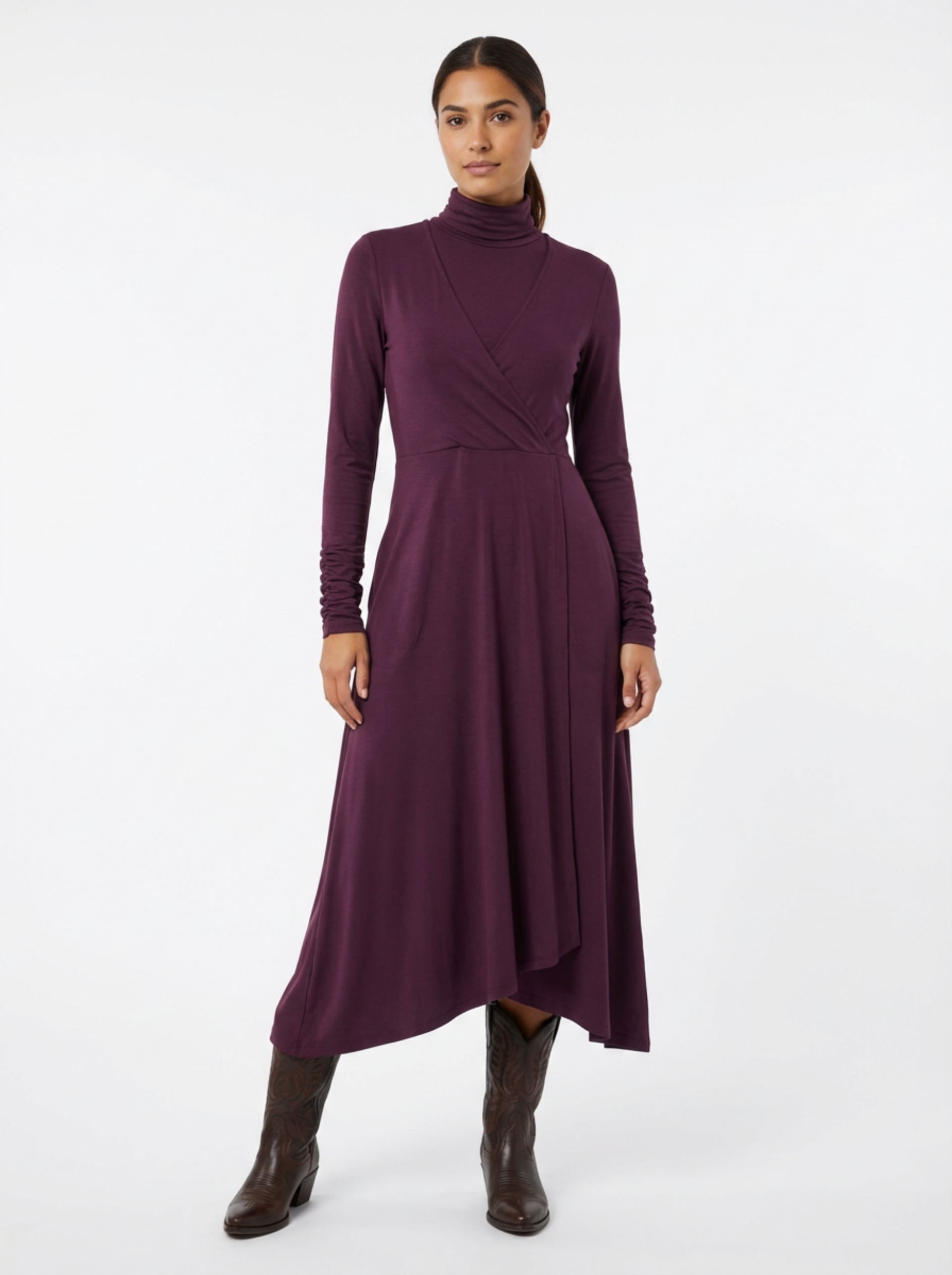 Dress Maxi Women Long Sleeve Turtleneck Asymmetric Design