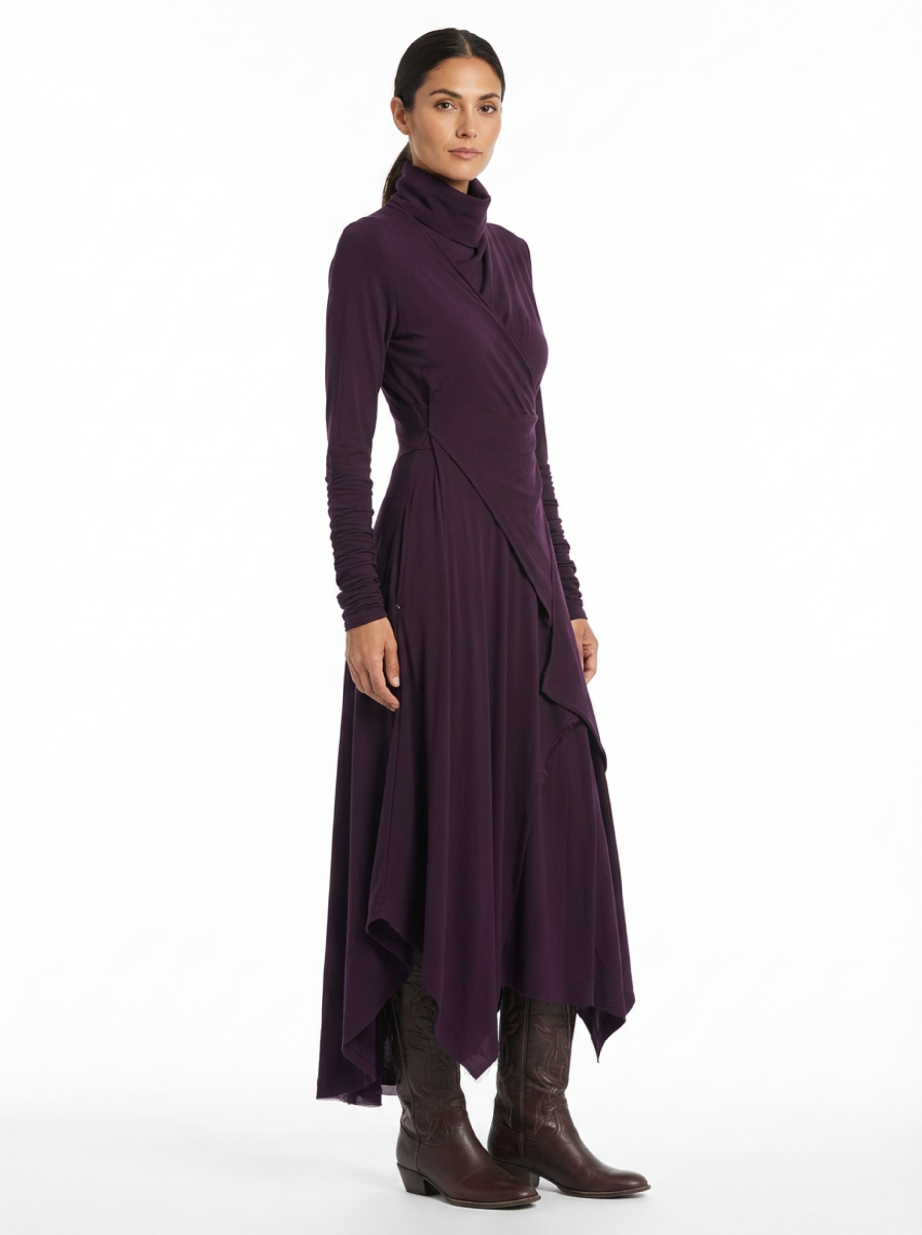 Dress Maxi Women Long Sleeve Turtleneck Asymmetric Design