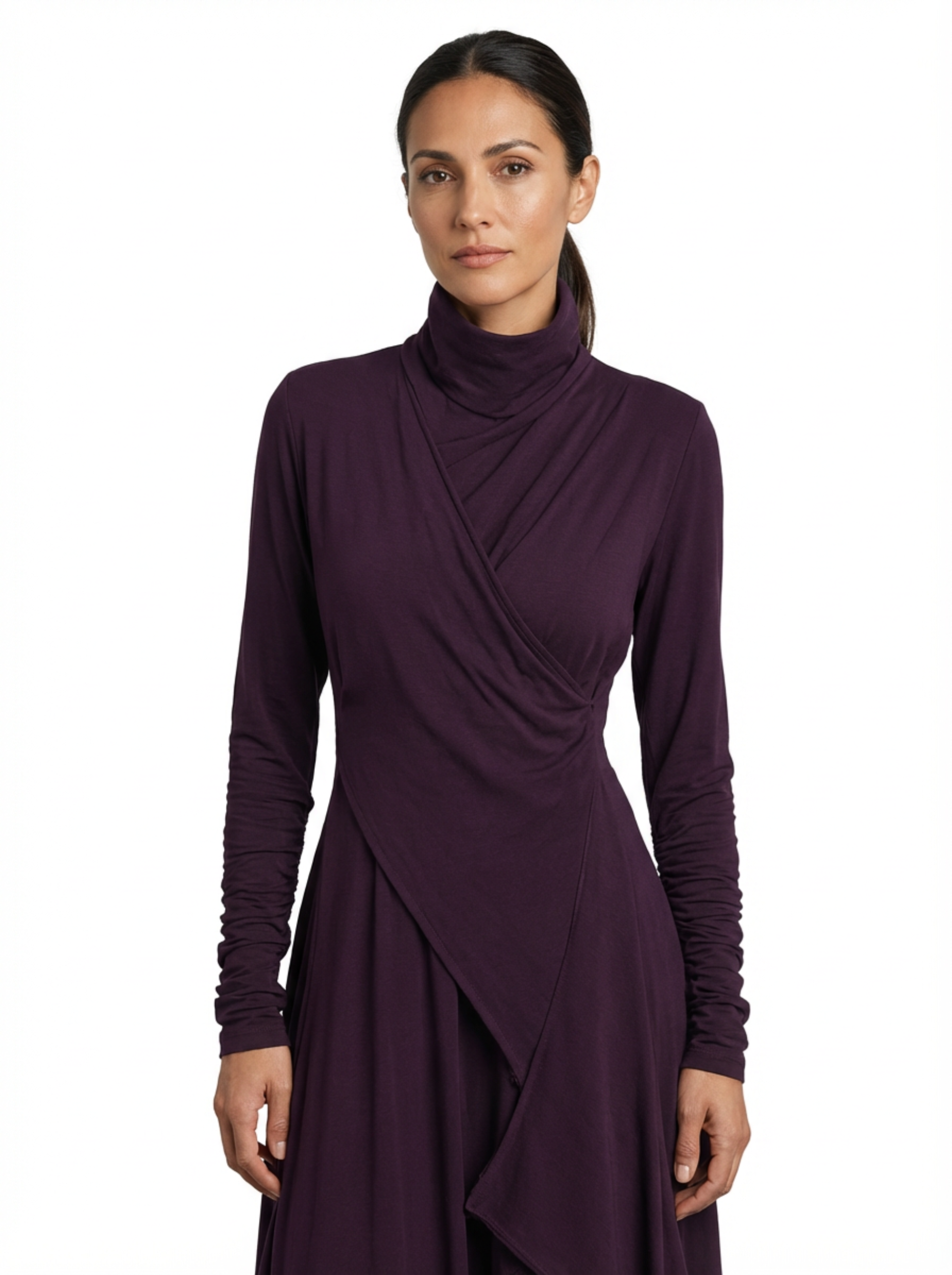 Dress Maxi Women Long Sleeve Turtleneck Asymmetric Design