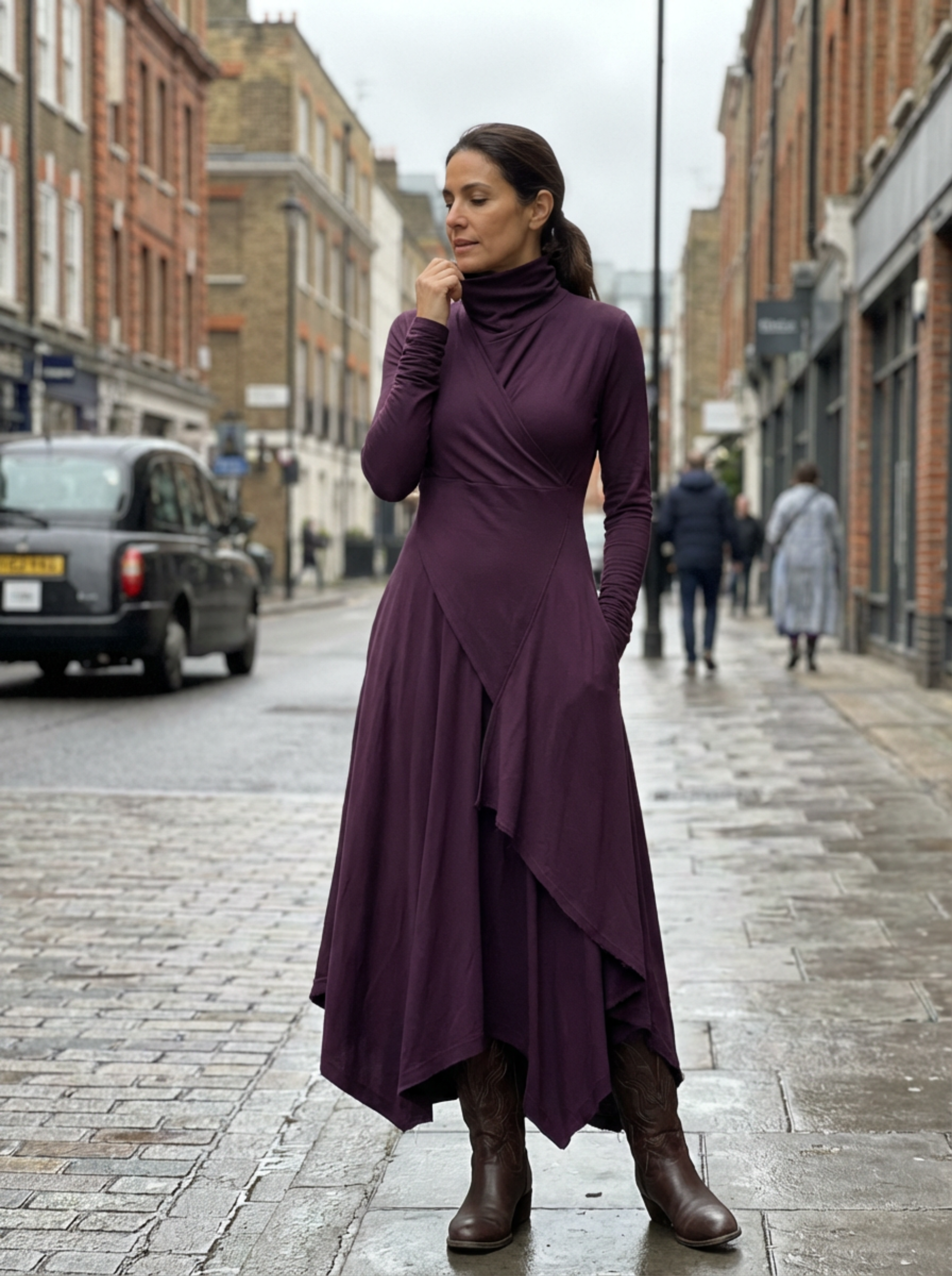 Dress Maxi Women Long Sleeve Turtleneck Asymmetric Design