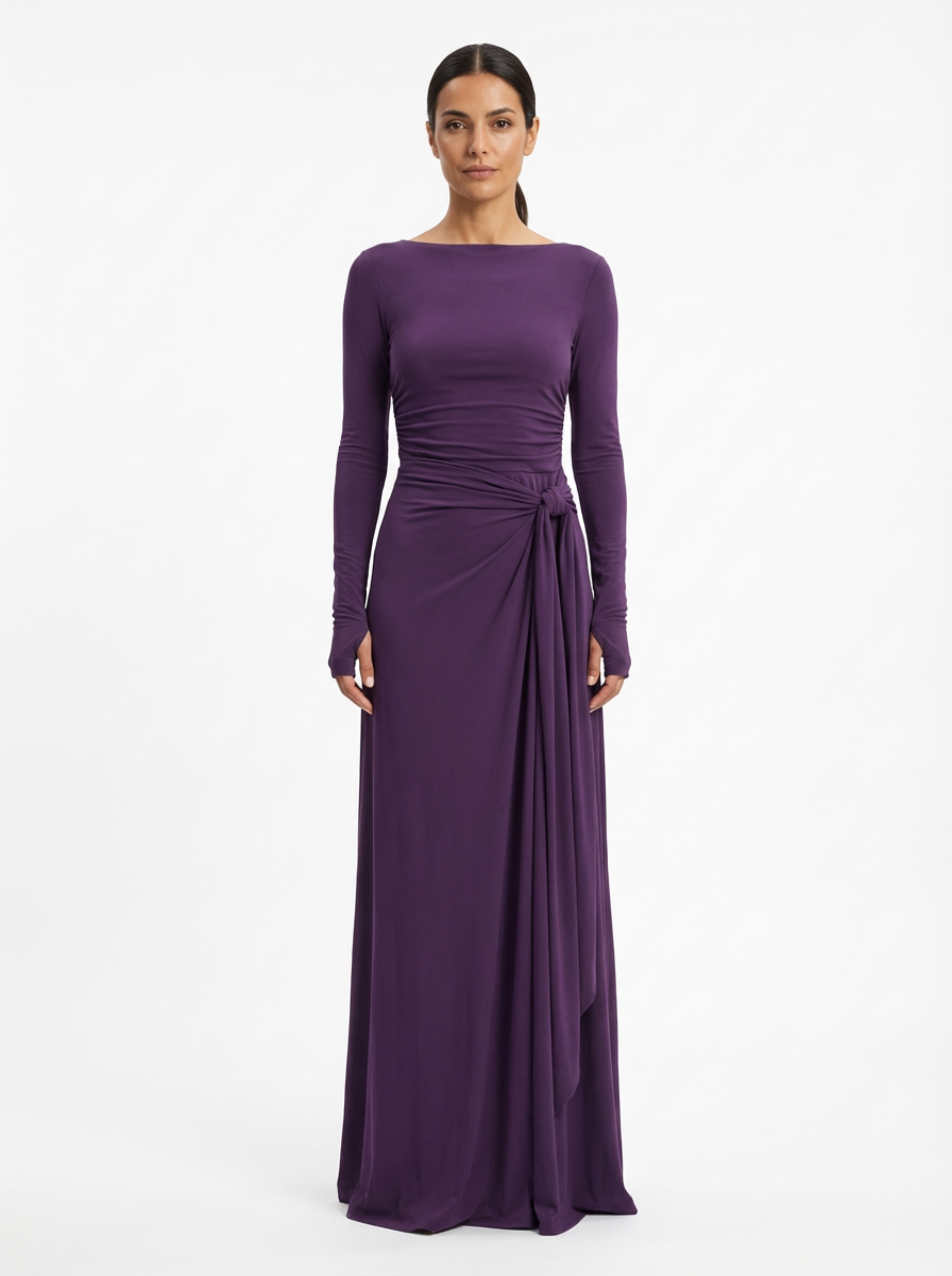 Maxi Dress Women Wrap Front Knot Detail V‑Neck Longsleeve