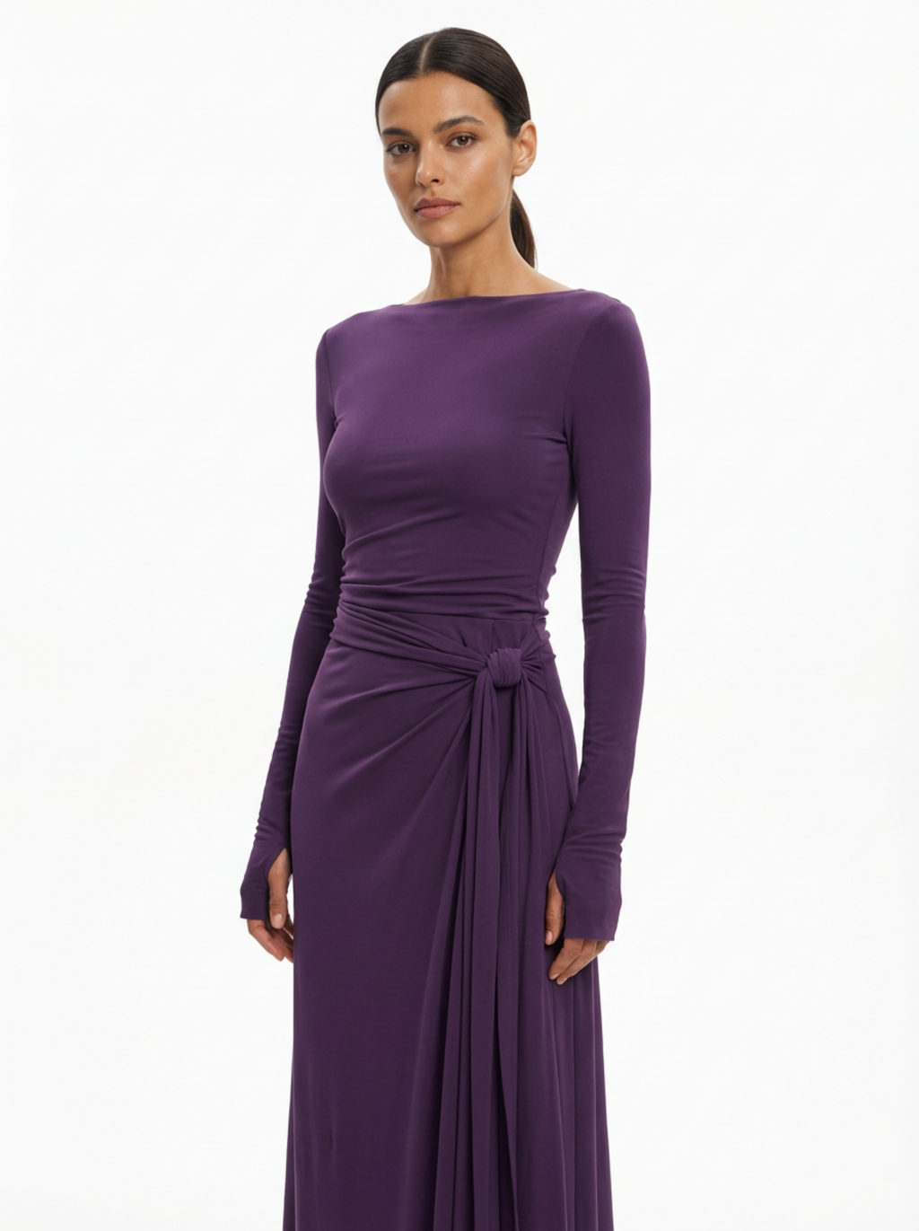 Maxi Dress Women Wrap Front Knot Detail V‑Neck Longsleeve