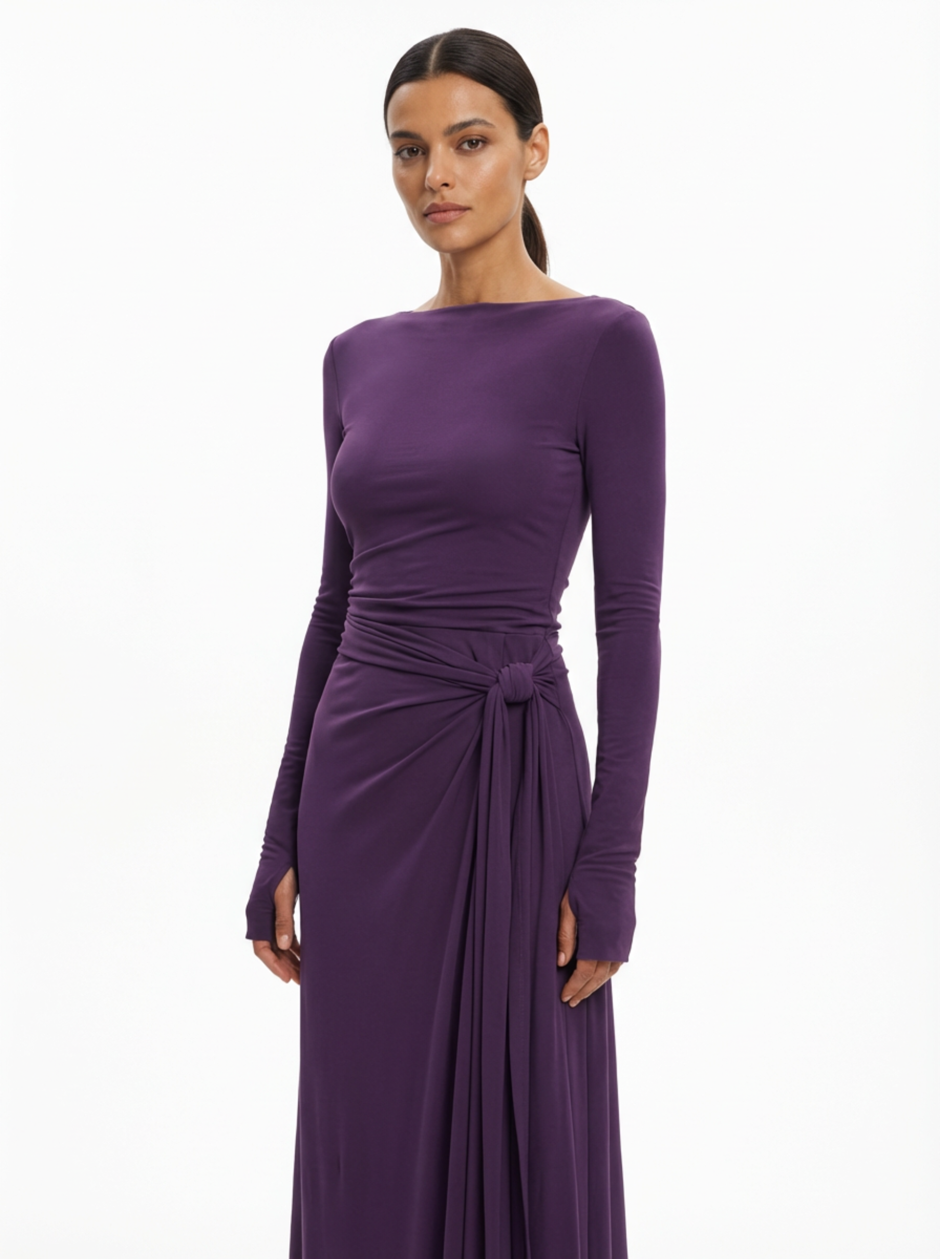 Maxi Dress Women Wrap Front Knot Detail V‑Neck Longsleeve