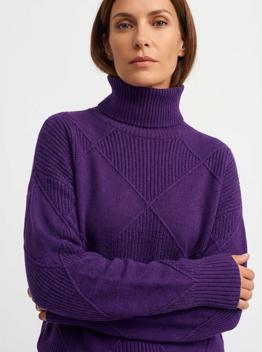 Sweater Women Ribbed Diamond Knit Relaxed Fit Turtleneck