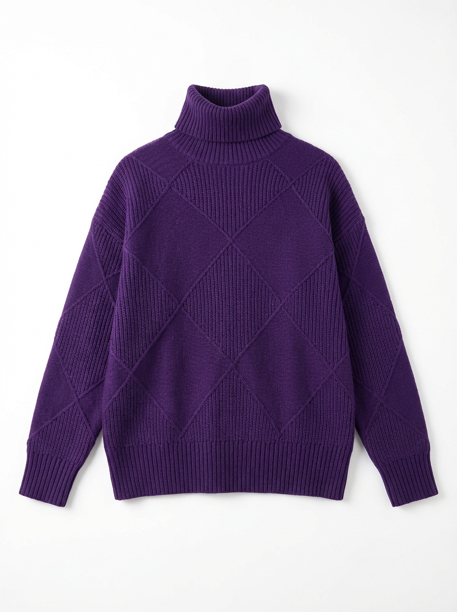 Sweater Women Ribbed Diamond Knit Relaxed Fit Turtleneck