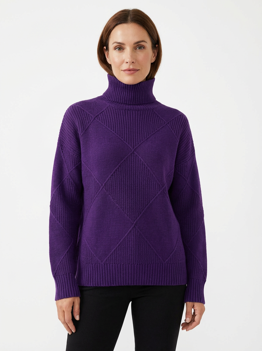 Sweater Women Ribbed Diamond Knit Relaxed Fit Turtleneck