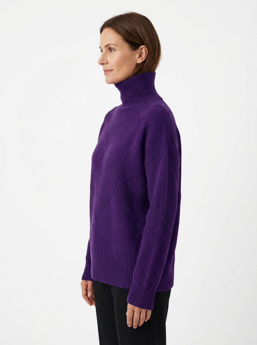 Sweater Women Ribbed Diamond Knit Relaxed Fit Turtleneck