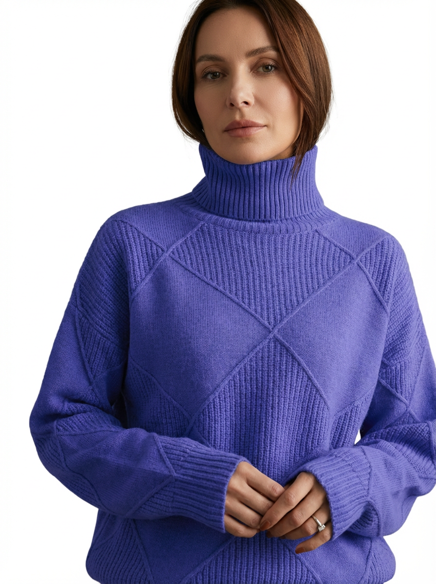 Sweater Women Ribbed Diamond Knit Relaxed Fit Turtleneck