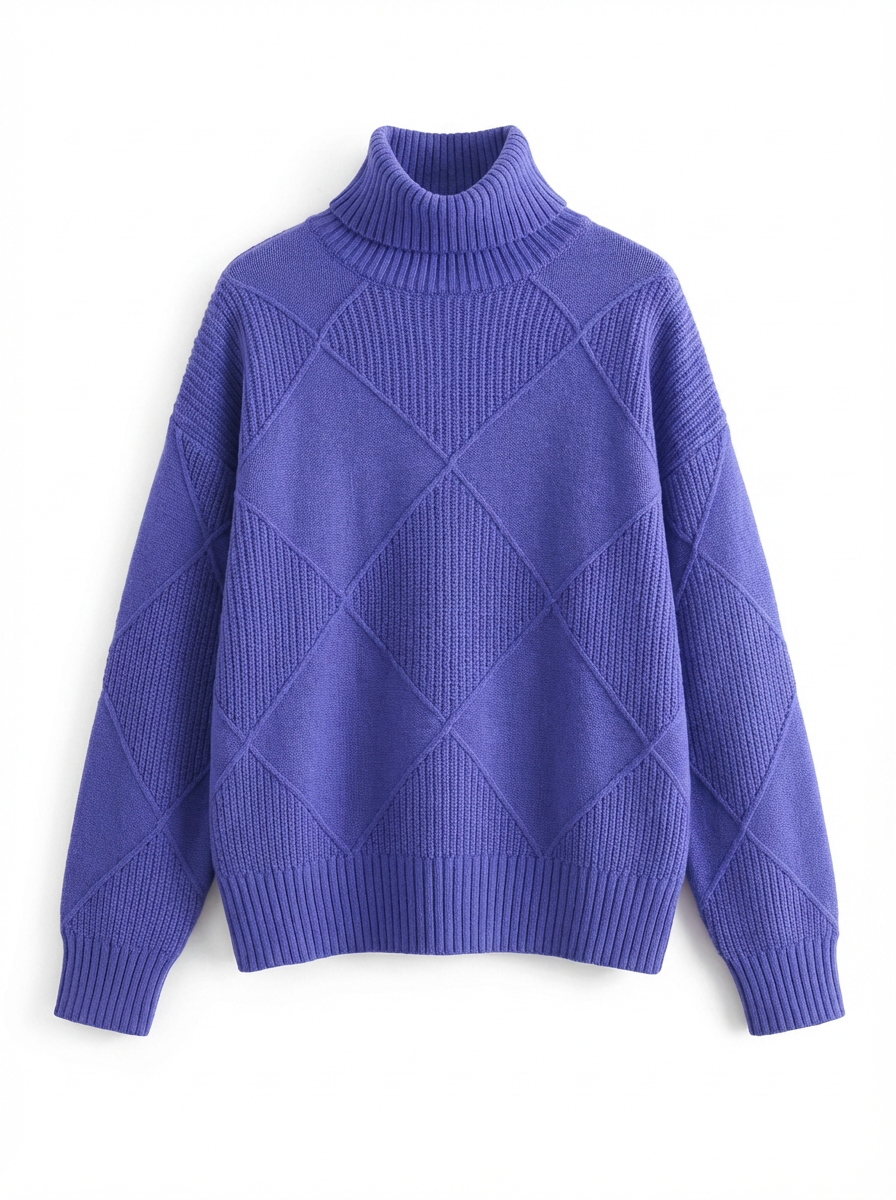 Sweater Women Ribbed Diamond Knit Relaxed Fit Turtleneck