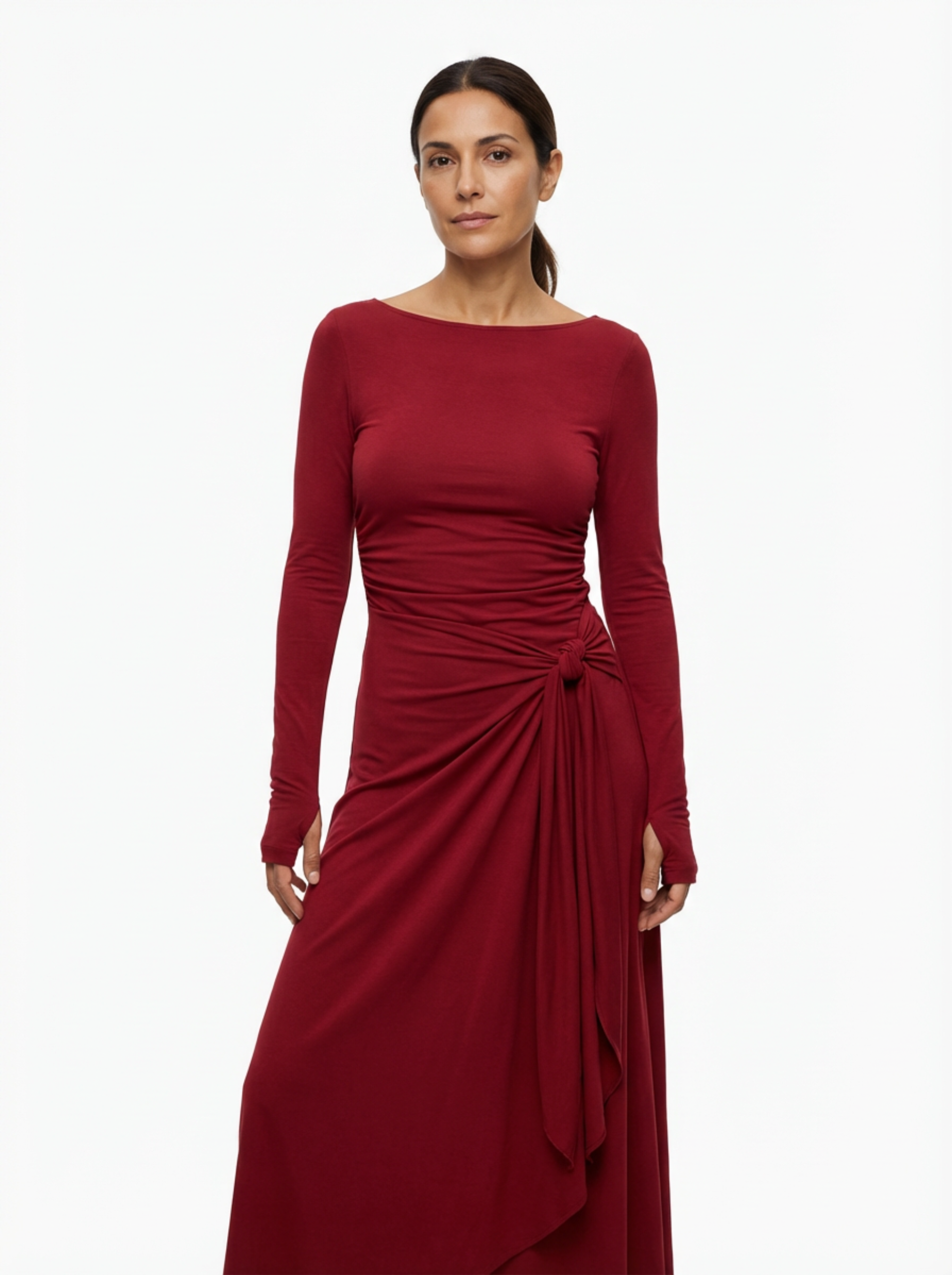Maxi Dress Women Wrap Front Knot Detail V‑Neck Longsleeve