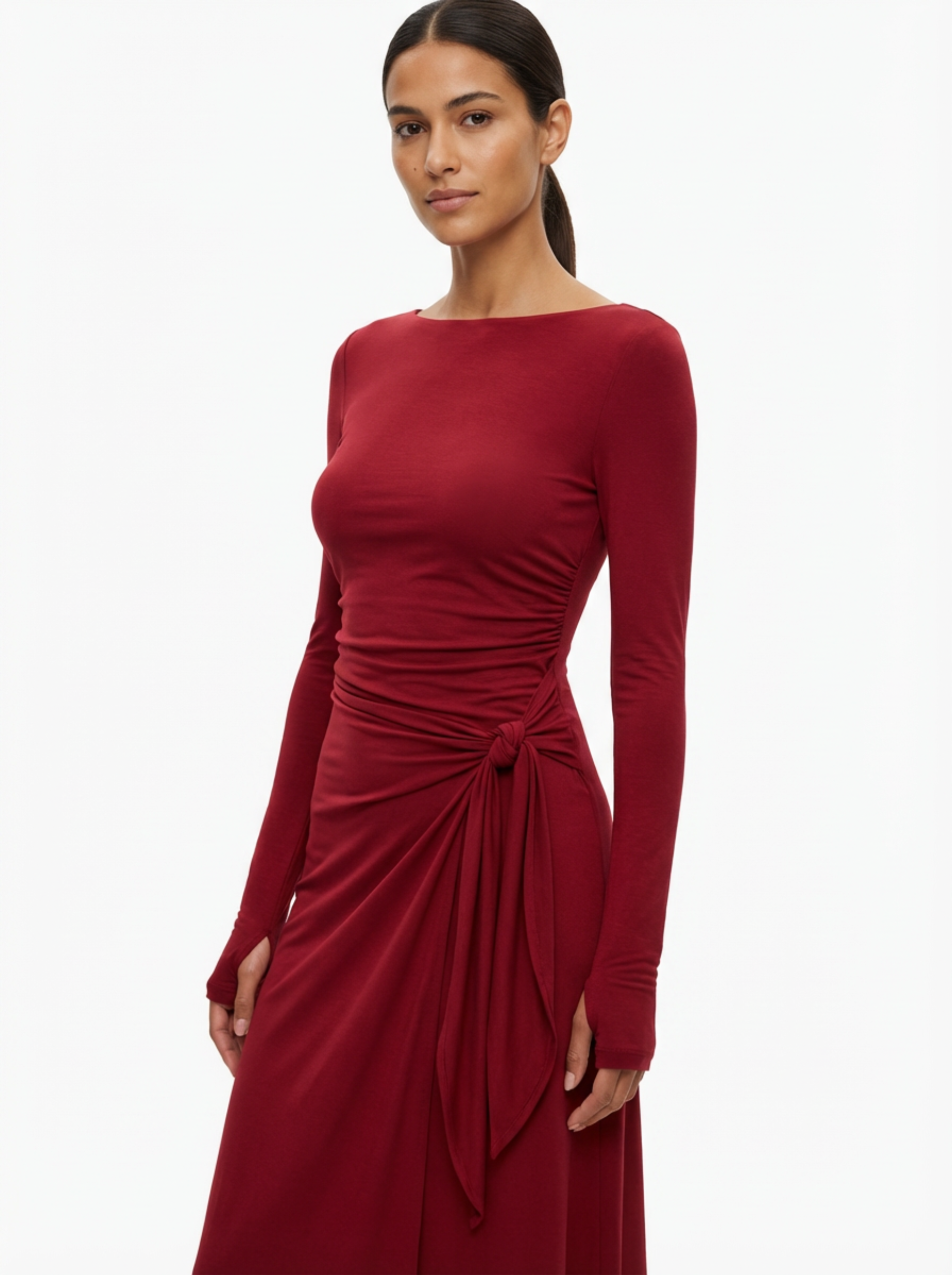 Maxi Dress Women Wrap Front Knot Detail V‑Neck Longsleeve