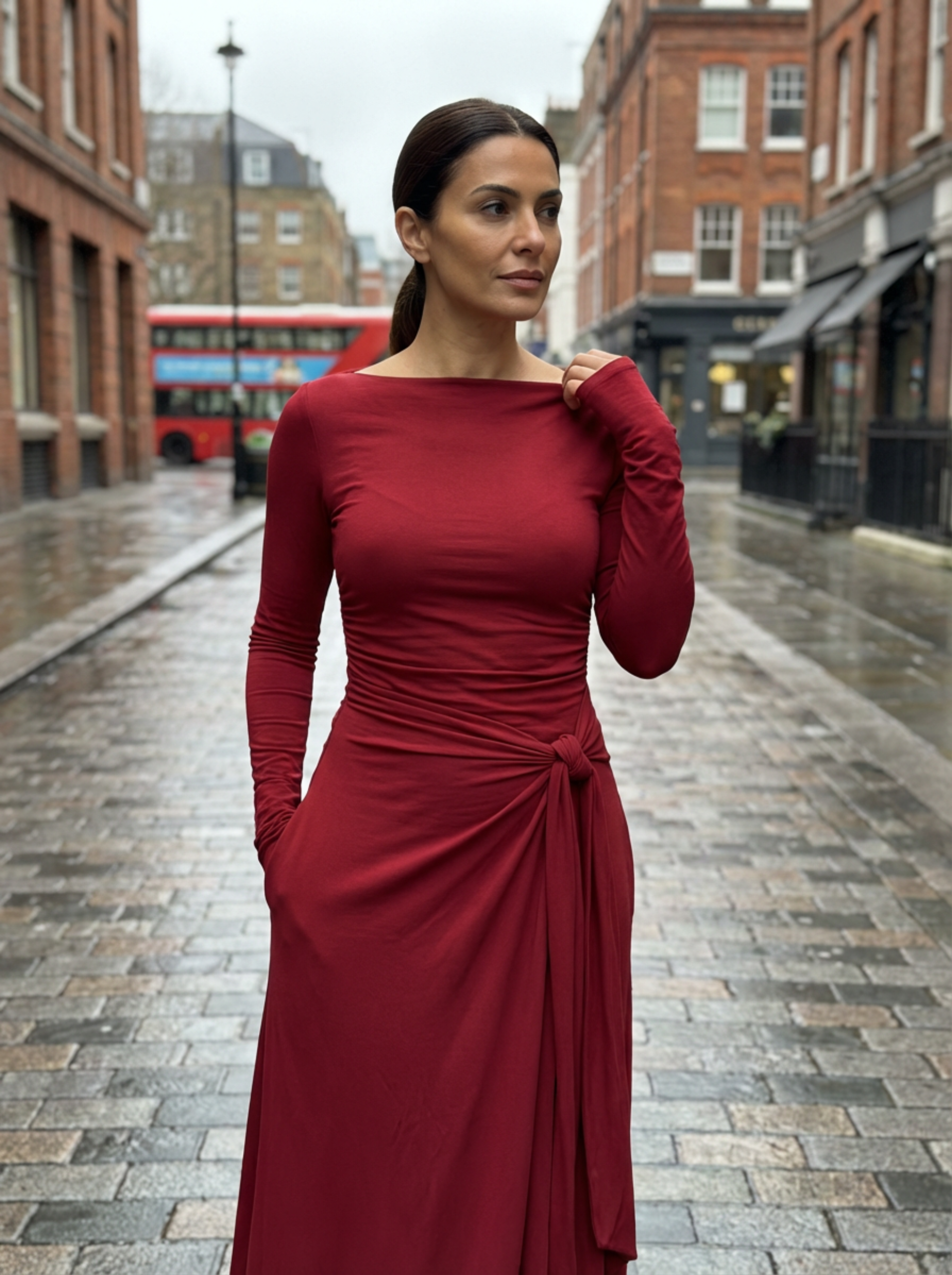 Maxi Dress Women Wrap Front Knot Detail V‑Neck Longsleeve