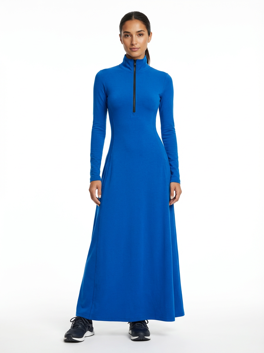 Dress Maxi Women Zipper Half-High Collar Loose Sport Style