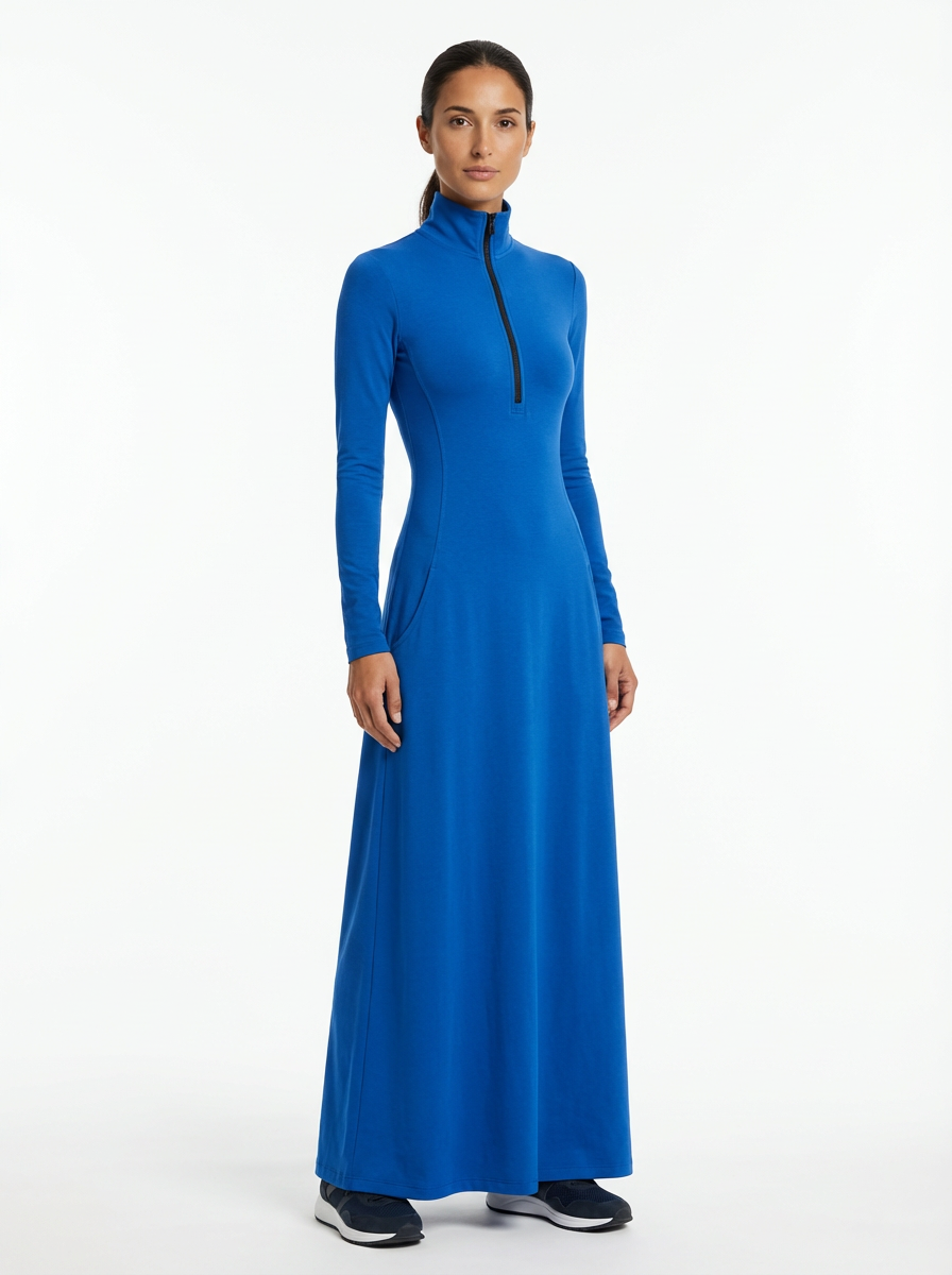 Dress Maxi Women Zipper Half-High Collar Loose Sport Style