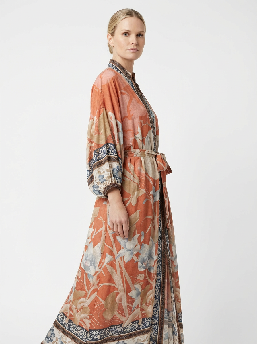 Long Kimono Women Floral Print Tie Belt Relaxed Fit
