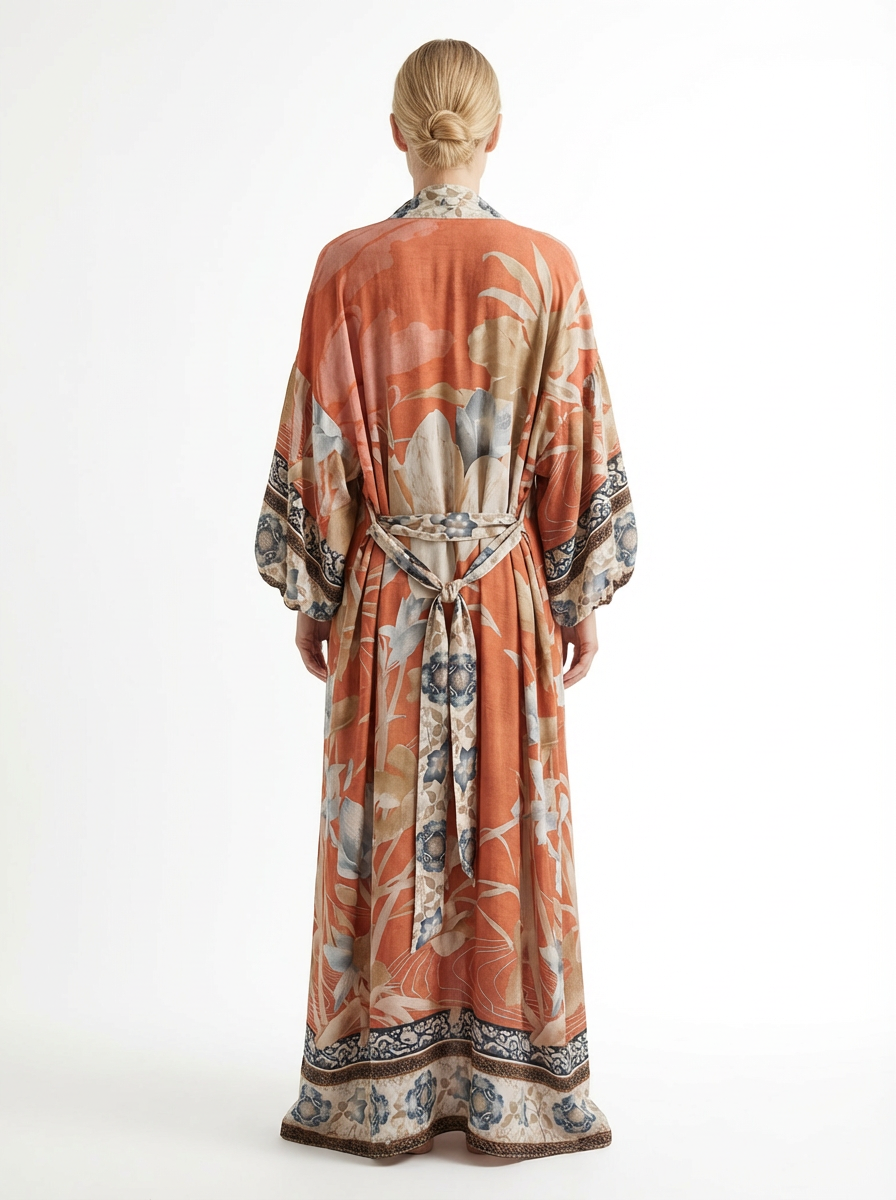 Long Kimono Women Floral Print Tie Belt Relaxed Fit
