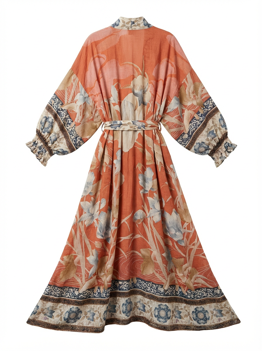 Long Kimono Women Floral Print Tie Belt Relaxed Fit
