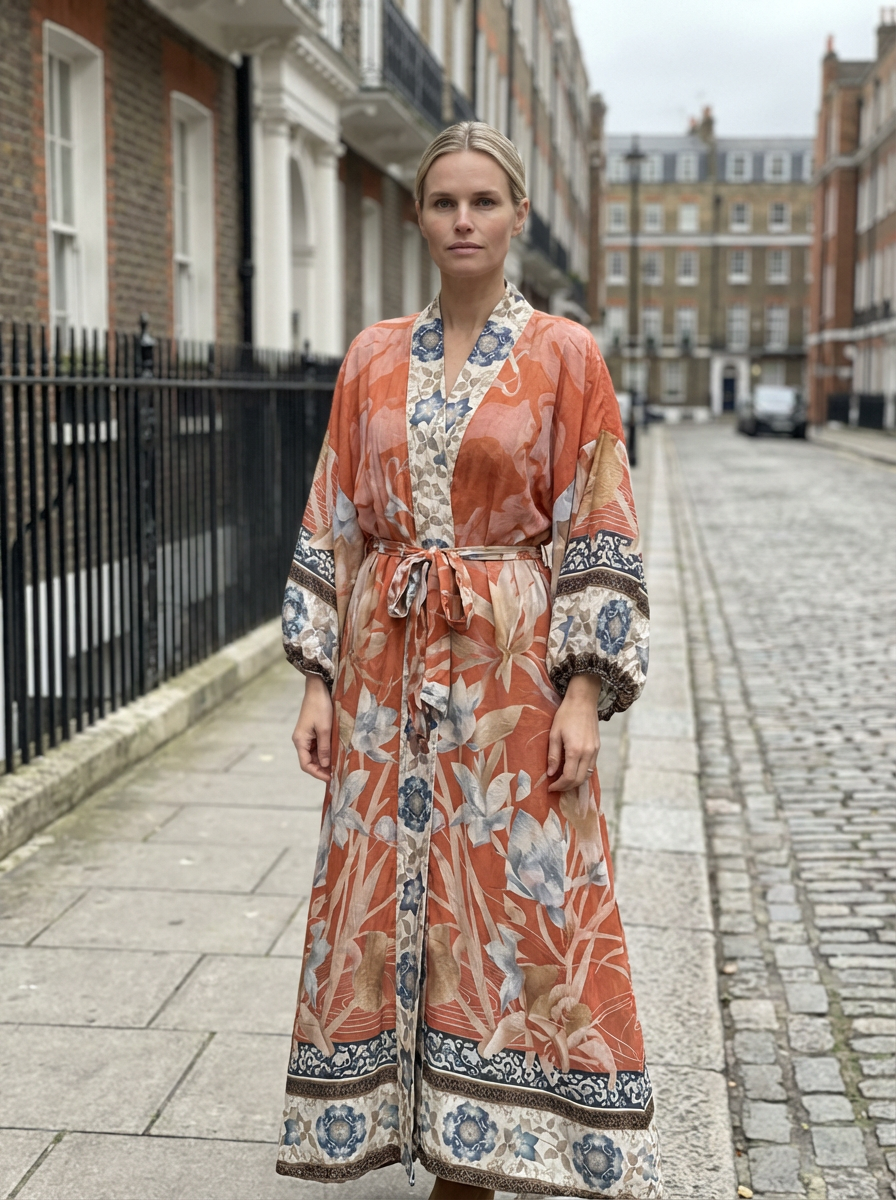 Long Kimono Women Floral Print Tie Belt Relaxed Fit