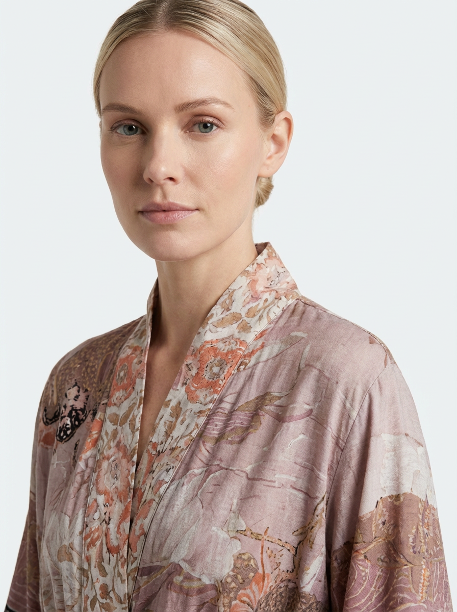 Long Kimono Women Floral Print Tie Belt Relaxed Fit