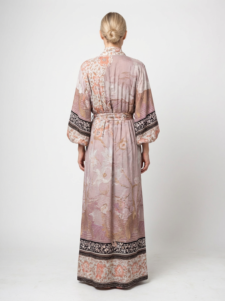 Long Kimono Women Floral Print Tie Belt Relaxed Fit