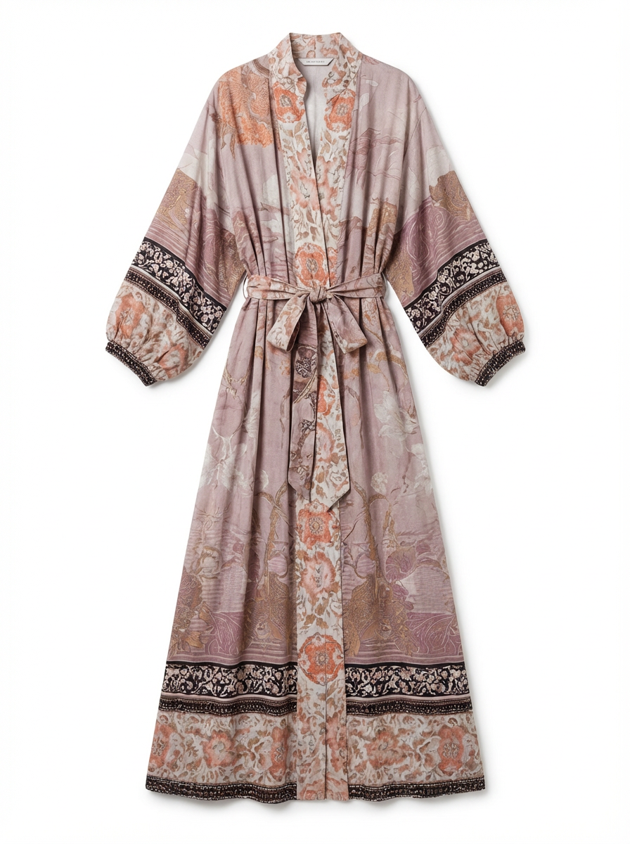 Long Kimono Women Floral Print Tie Belt Relaxed Fit