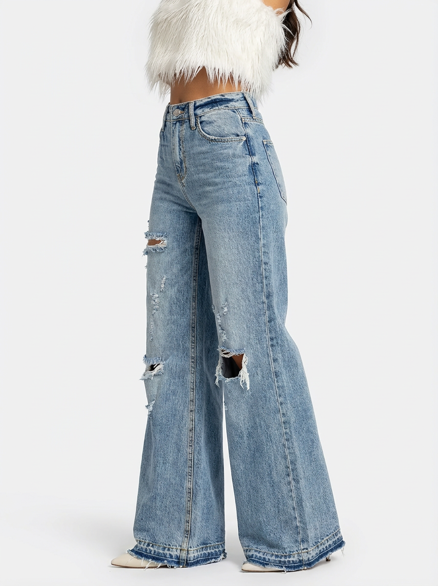 Jeans Women Wide-Leg High-Rise Distressed Style