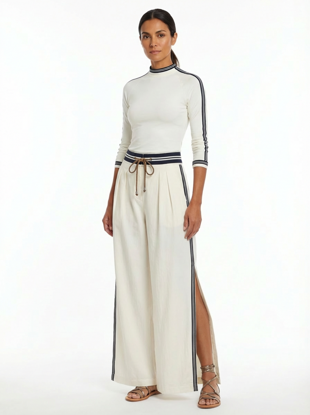 Two-Piece Set Women Long Sleeve Half-High Neck Top & Wide-Leg Pants