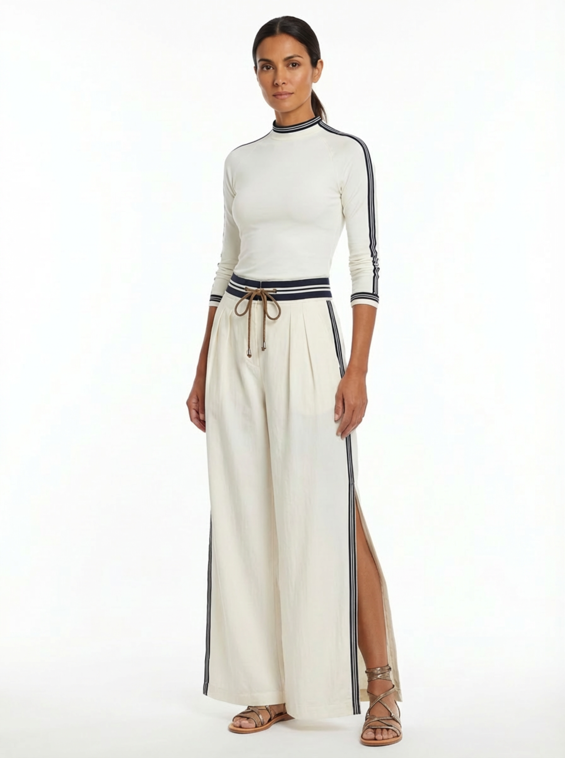 Two-Piece Set Women Long Sleeve Half-High Neck Top & Wide-Leg Pants