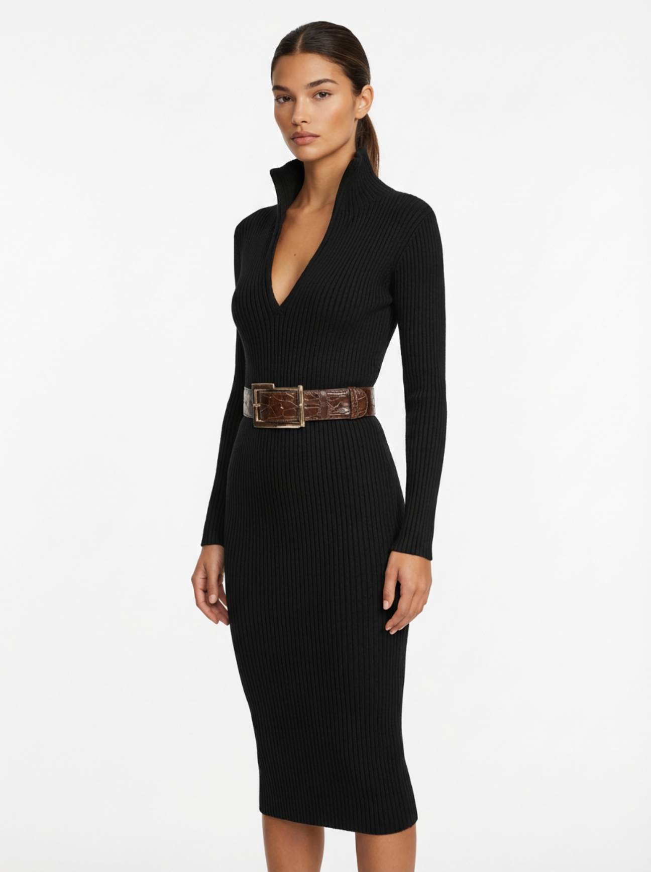 Midi Dress Women Slim Fit V-Neck Half Turtleneck Long Sleeve Belted