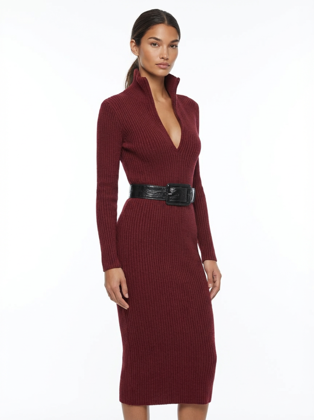 Midi Dress Women Slim Fit V-Neck Half Turtleneck Long Sleeve Belted
