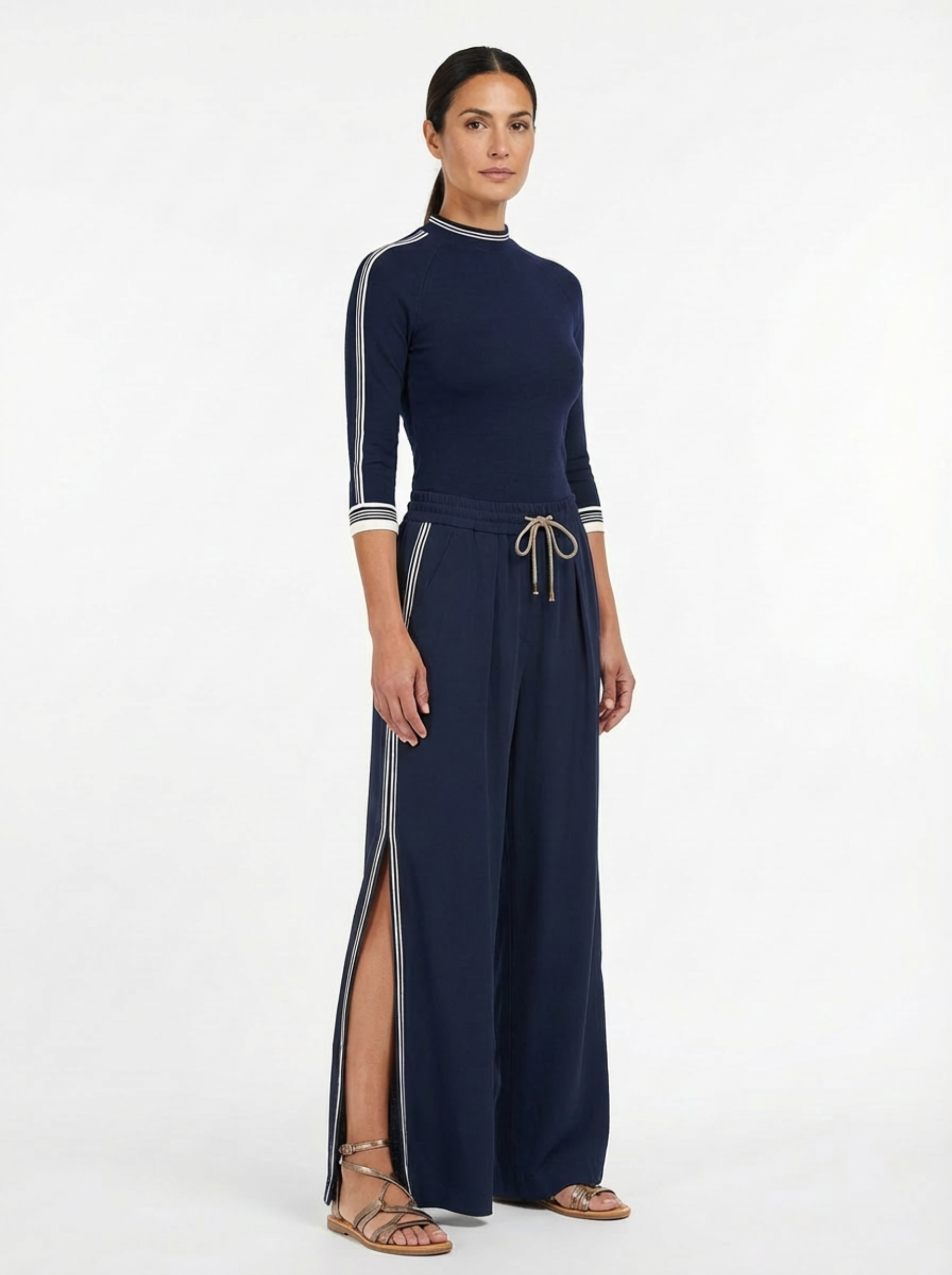 Two-Piece Set Women Long Sleeve Half-High Neck Top & Wide-Leg Pants