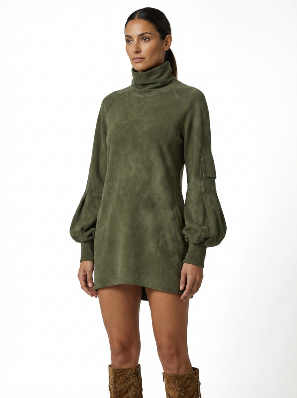 Mini Dress Women Loose Fit Turtleneck Long Sleeves Retro Style